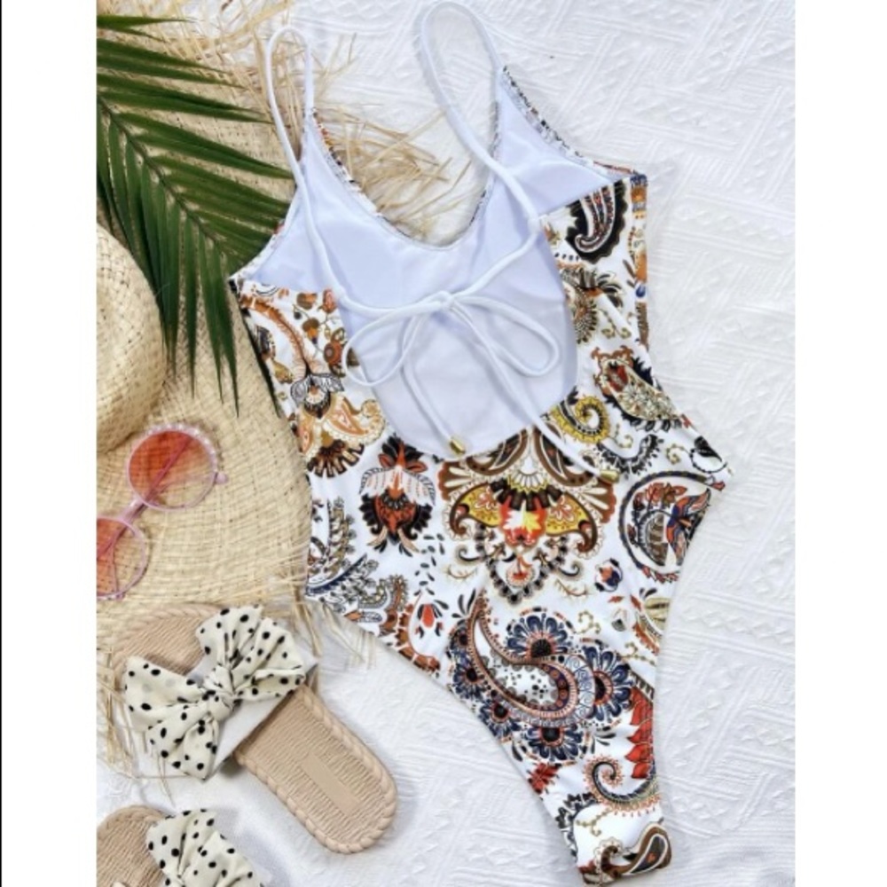 Boho Paisley Floral Print One Piece Monokini Swimsuit - Picture 2 of 5